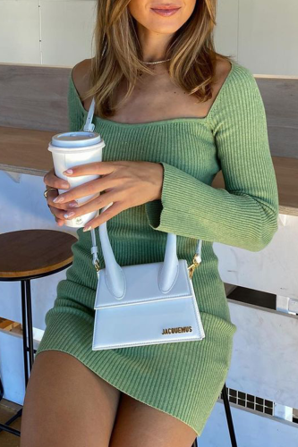 Casual Solid Frenulum Square Collar Pencil Skirt Dresses Sweater