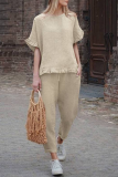 Casual Solid Flounce O Neck Short Sleeve Two Pieces