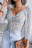 Fashion Elegant Floral Patchwork Fold V Neck Tops