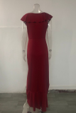 Fashion Solid Flounce V Neck Cake Skirt Dresses