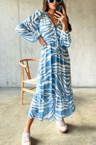 Blue Zebra Print V-Neck Maxi Dress