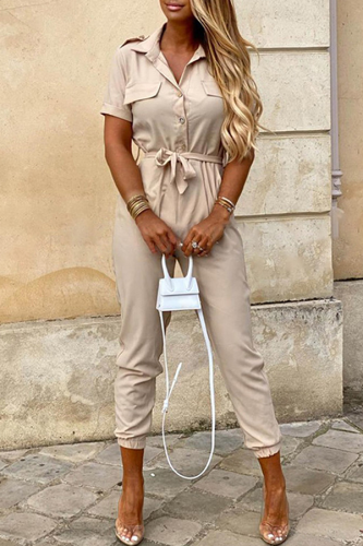 Casual Solid Buckle With Belt Turndown Collar Jumpsuits