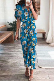 Elegant Print Frenulum Buckle Turndown Collar Pencil Skirt Dresses