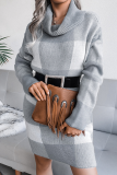 Casual Plaid Patchwork Contrast Turtleneck Pencil Skirt Dresses Sweater (Without Belt)