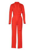 Casual Solid Patchwork Turndown Collar Regular Jumpsuits
