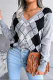 Casual Geometric Patchwork V Neck Tops