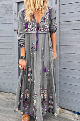 Fashion Print Patchwork V Neck Straight Dresses