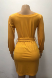 Fashion Elegant Solid Patchwork With Belt Oblique Collar Wrapped Skirt Dresses