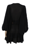 Fashion Elegant Solid Buckle Flounce With Belt O Neck A Line Dresses