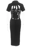 Fashion Street Solid Frenulum Backless Slit Turndown Collar Wrapped Skirt Dresses