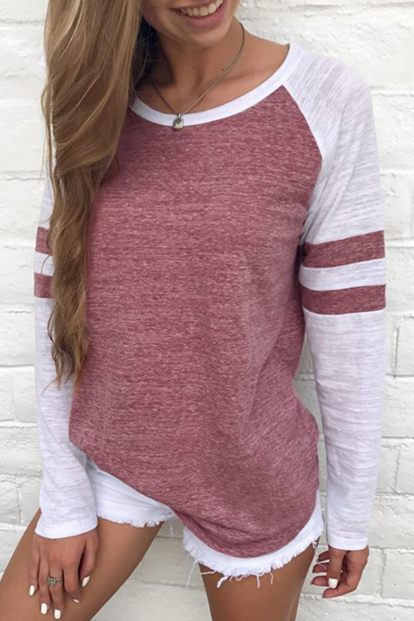 Casual Patchwork Contrast O Neck Tops