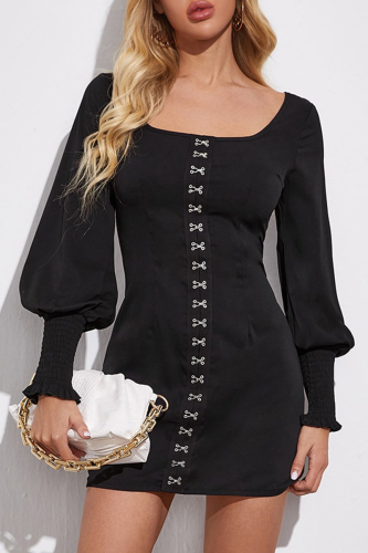 Vintage Solid Buckle Square Collar Pencil Skirt Dresses
