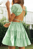 Fashion Sweet Plaid Frenulum Backless V Neck Short Sleeve Two Pieces