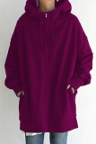 Casual Solid Draw String Pocket Zipper Hooded Collar Tops