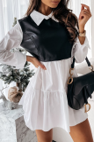 Elegant Patchwork Flounce Contrast Turndown Collar A Line Dresses