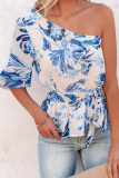 Casual Print Patchwork One Shoulder T-Shirts