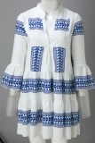 Casual Print Patchwork V Neck Cake Skirt Dresses