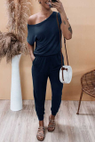 Casual Solid Patchwork One Shoulder Harlan Jumpsuits