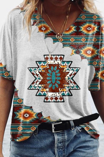 Casual Print Patchwork V Neck T-Shirts