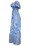 Casual Print Patchwork Off the Shoulder Cake Skirt Dresses