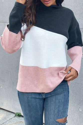 Casual Color Lump Patchwork Contrast Half A Turtleneck Tops