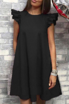 Casual Solid Flounce O Neck Cake Skirt Dresses