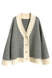 Casual Striped Patchwork Buckle V Neck Outerwear Sweater