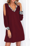 Casual Solid Sequins Patchwork V Neck Pencil Skirt Dresses