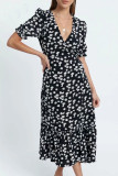 Fashion Street Print Patchwork Frenulum V Neck Printed Dresses