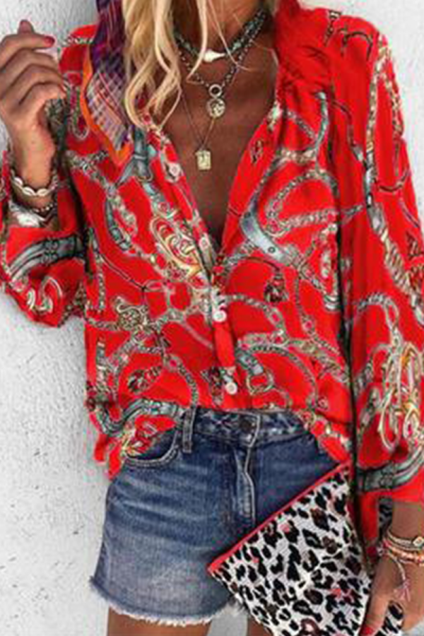 Casual Print Patchwork Turndown Collar Tops