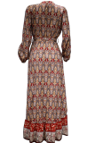 Fashion Print Patchwork V Neck Cake Skirt Dresses