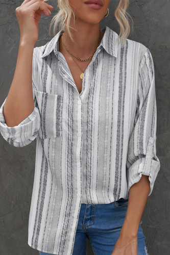 Casual Striped Patchwork Turndown Collar Tops