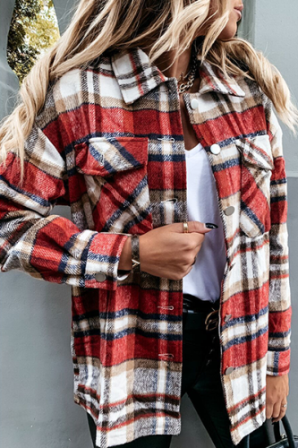 Casual Plaid Buckle Turndown Collar Outerwear