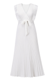 Fashion Elegant Solid Flounce Strap Design V Neck Pleated Dresses