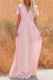 Fashion Elegant Solid Lace Patchwork V Neck A Line Dresses