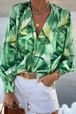 Casual Print Patchwork Turndown Collar Tops