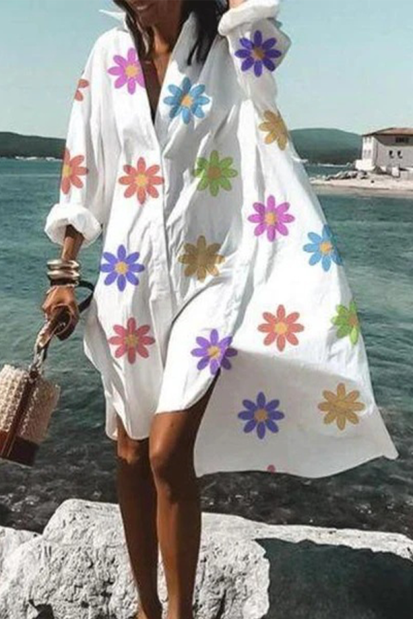 Casual Print Patchwork V Neck Shirt Dress Dresses