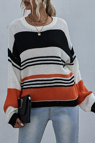 Casual Striped Contrast O Neck Tops Sweater