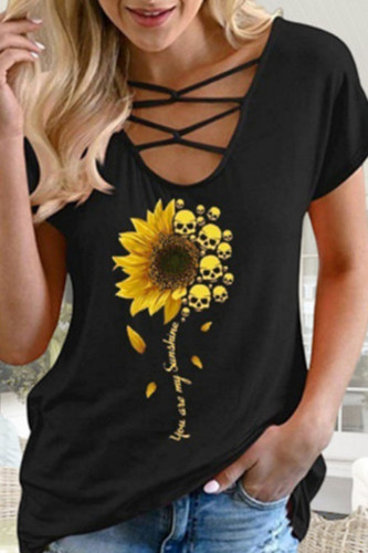 Fashion Casual Print Patchwork V Neck T-Shirts