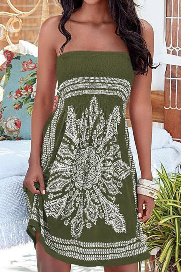 Vintage Print Patchwork Strapless Straight Dresses