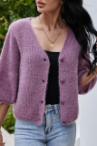 Casual Solid Buckle V Neck Tops Sweater
