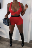 Sexy Solid Buckle V Neck Sleeveless Two Pieces