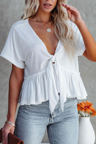 Casual Solid Bandage V Neck T-Shirts