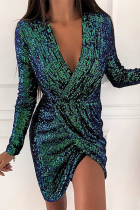 Fashion Elegant Solid Patchwork Fold V Neck Evening Dress Dresses
