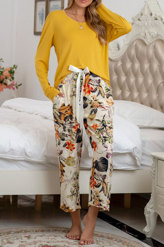 Fashion Living Print Patchwork O Neck Long Sleeve Two Pieces