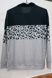 Fashion Leopard Color Block Patchwork Zipper Collar Tops