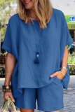 Casual Solid Patchwork O Neck Short Sleeve Two Pieces
