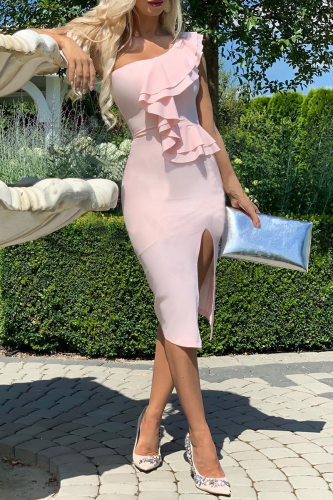 Casual Solid Flounce One Shoulder Pencil Skirt Dresses