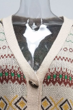 Casual Geometric Patchwork Buckle V Neck Outerwear Sweater