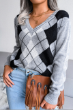 Casual Geometric Patchwork V Neck Tops
